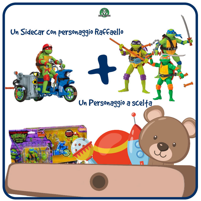 Turtles Sidecar con Raffaello + 1 Personaggio (2 pezzi)